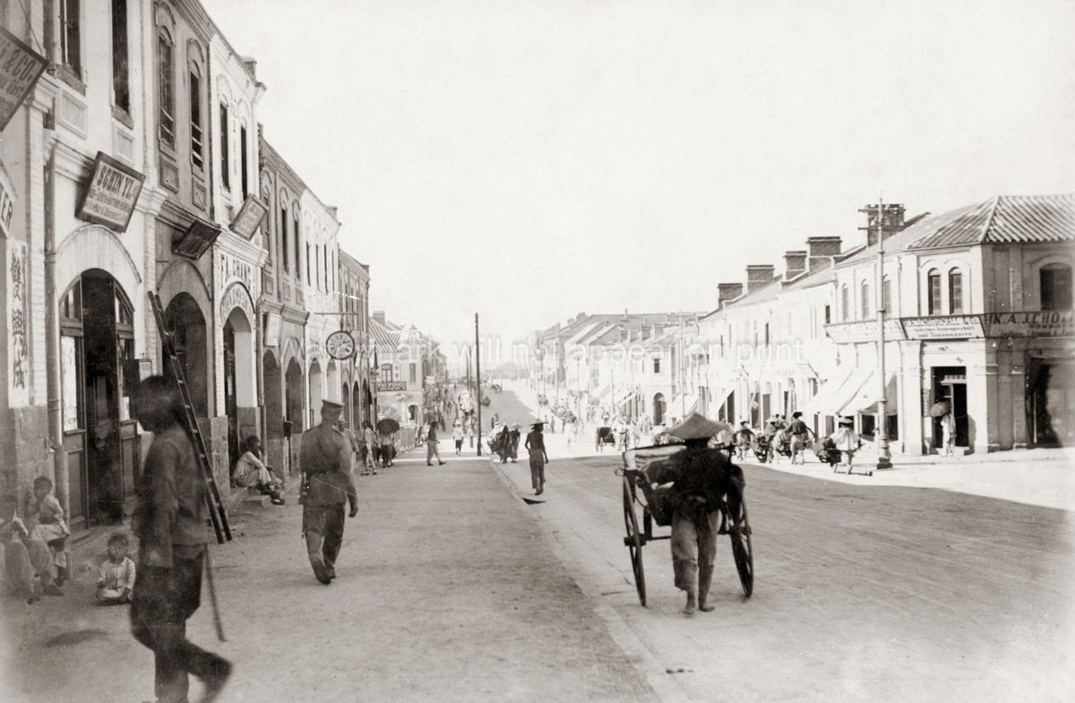 Tientsin China Street Scene Rickshaw Shops Architecture Vtg. Photo 20thC.