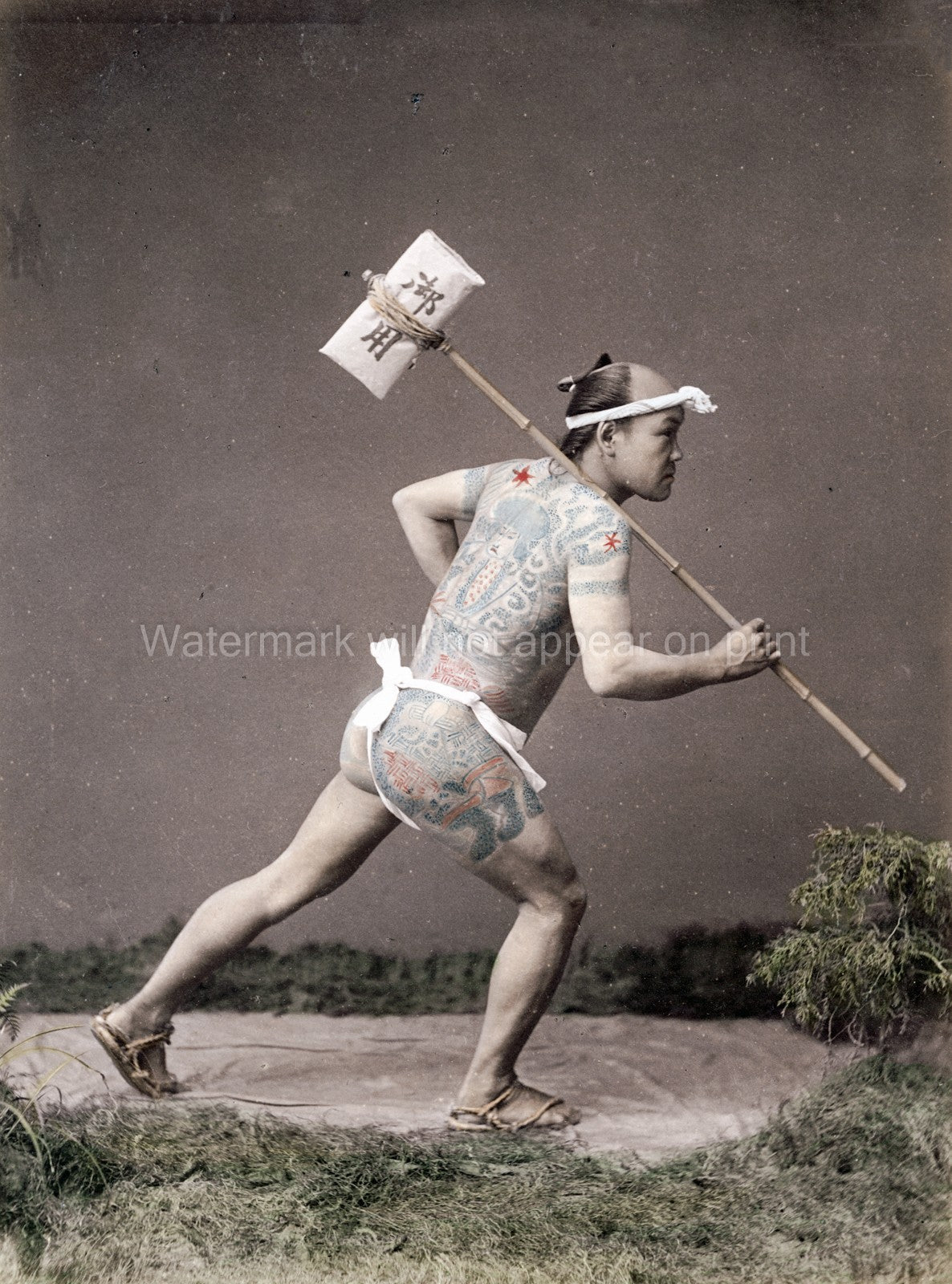 Japan Tattooed Post Runner Man Irezumi Hikyaku Courier Vtg. Photo 19thC.