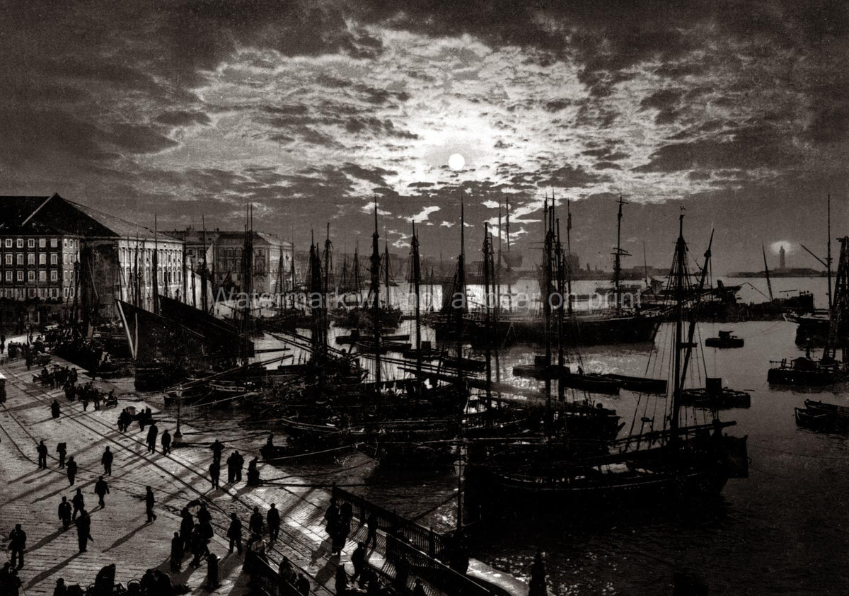 Trieste Italy Harbour Moonlight Ships Docks Waterfront Vtg. Photo 19thC.