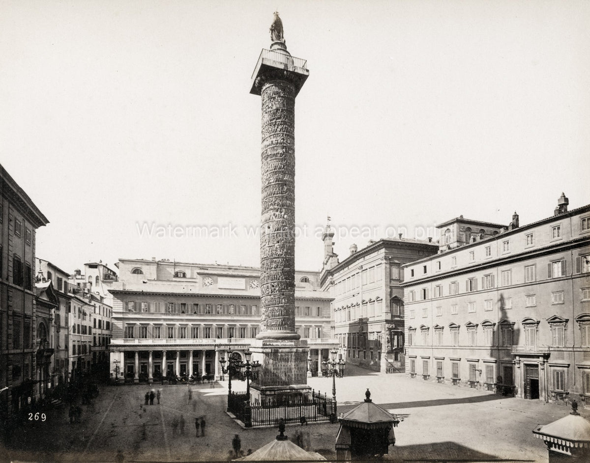Rome Italy Column Marcus Aurelius Piazza Colonna Cityscape Vtg. Photo 19thC.