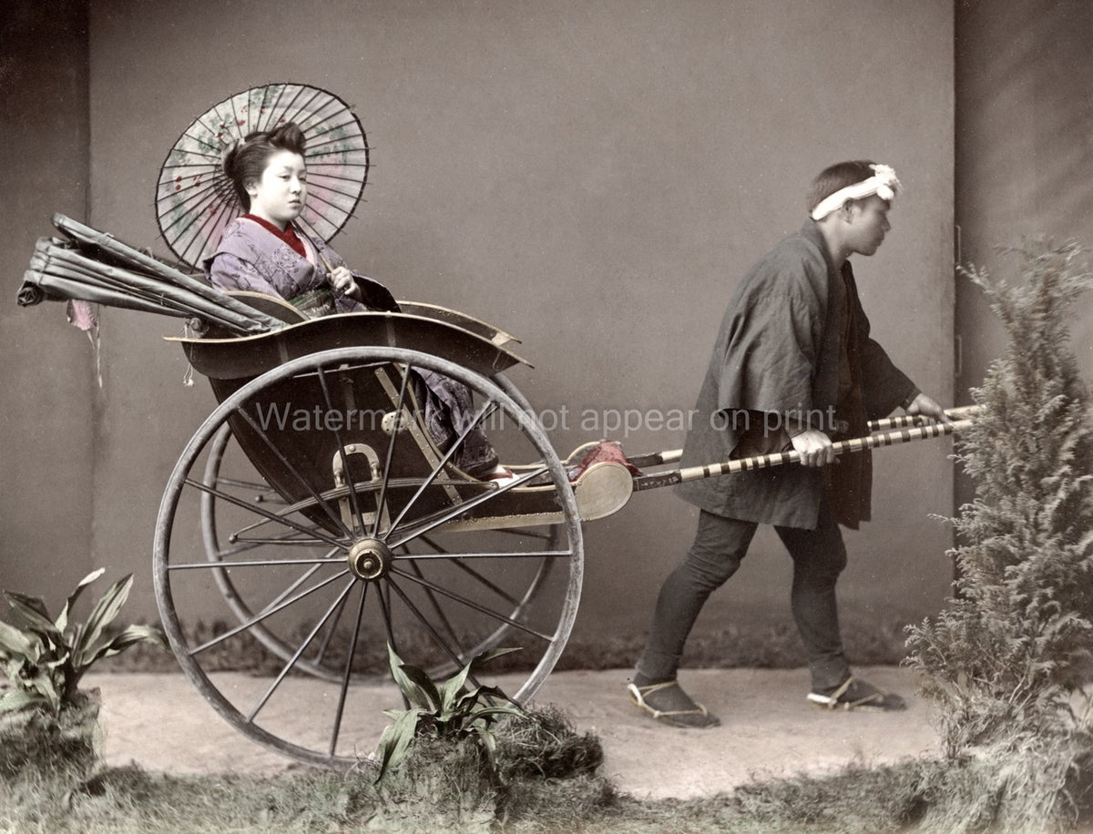 Japan Woman Rickshaw Kimono Parasol Traditional Dress Vtg. Photo 19thC.