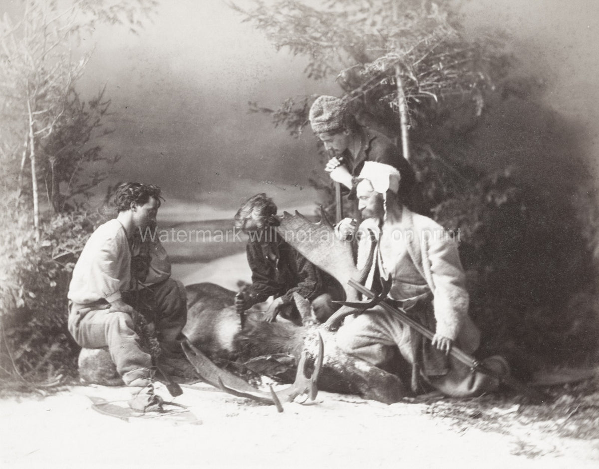Hunters Moose Kill Wilderness Hunting Scene Men Antlers Vtg. Photo 19thC.