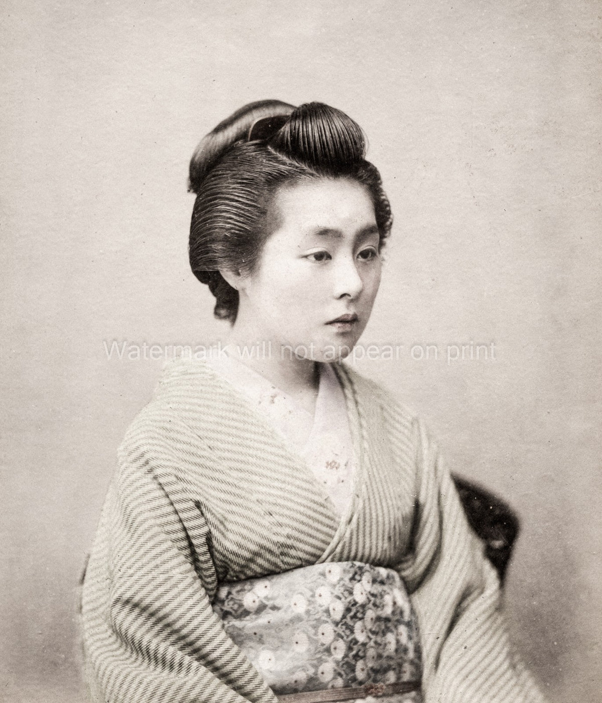Japanese Woman Traditional Kimono Nihongami Hairstyle Portrait Vtg. Photo 19thC.