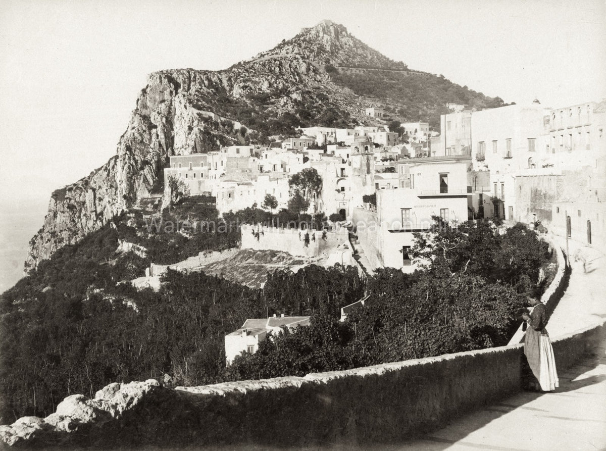 Capri Italy Island View Townscape Mountain Cliffs Seaside Vtg. Photo 19thC.