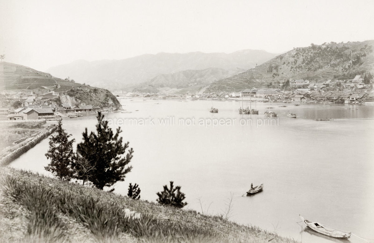 Onomichi Bingo Japan Town Waterway Harbor Boats Mountains Vtg. Photo 19thC.