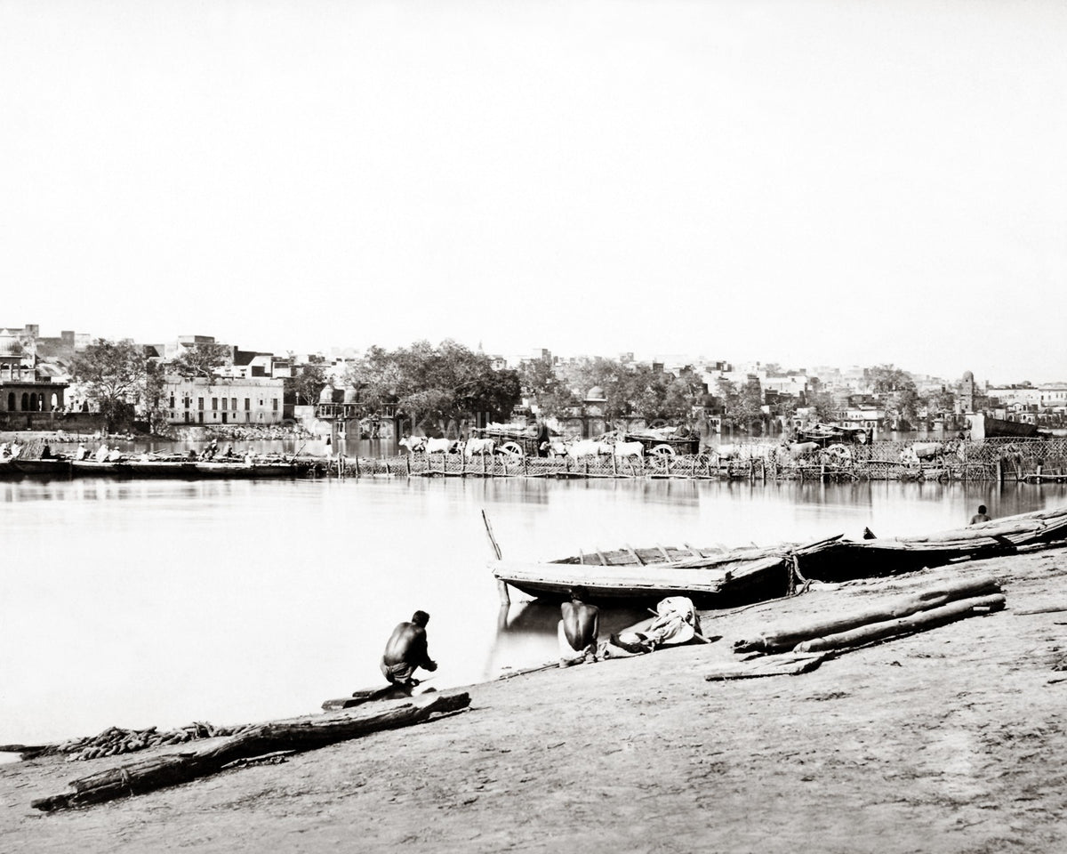 Mathura India River Yamuna Bullock Carts Boats Cityscape Vtg. Photo 19thC.