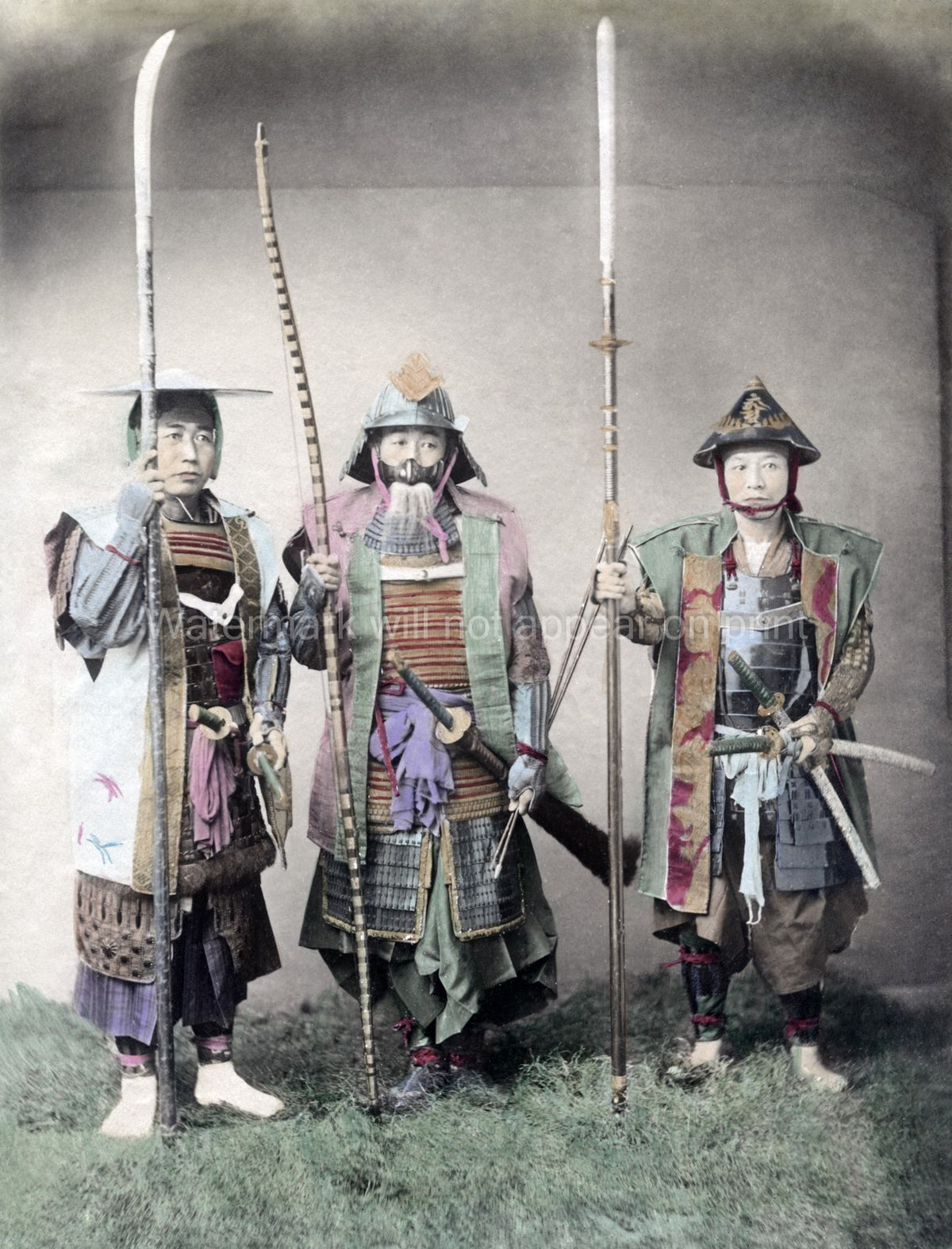 Japan 3 Soldiers Samurai Warriors Armor Weapons Naginata Vtg. Photo 19thC.