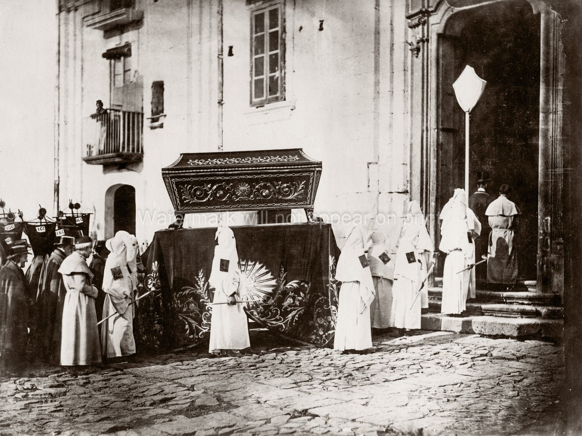 Italy Brotherhood Mercy Funeral Procession Hooded Robes Casket Vtg. Photo 19thC.