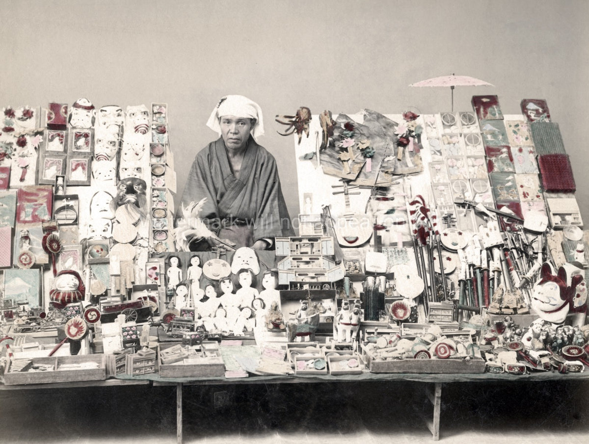 Japan Curio Souvenir Seller Masks Dolls Toys Market Vendor Vtg. Photo 19thC.