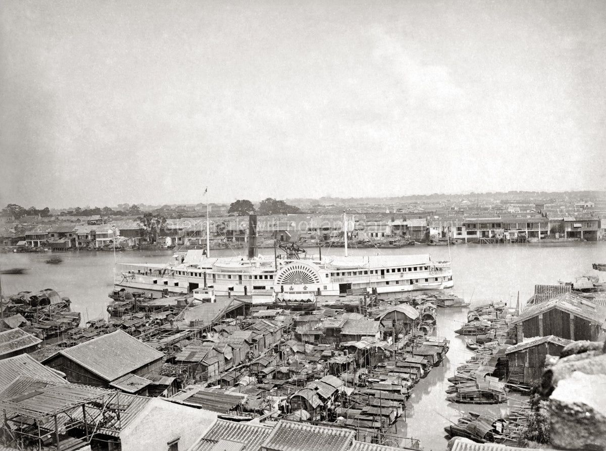 Canton Guangzhou China Paddle Steamer River Harbor Boats Vtg. Photo 19thC.