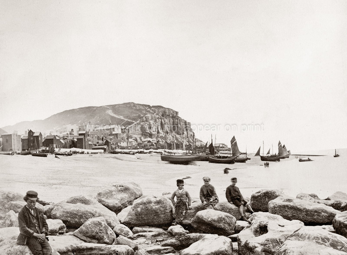 Hastings England South Coast Fishing Boats Beach Cliffs Boys Vtg. Photo 19thC.