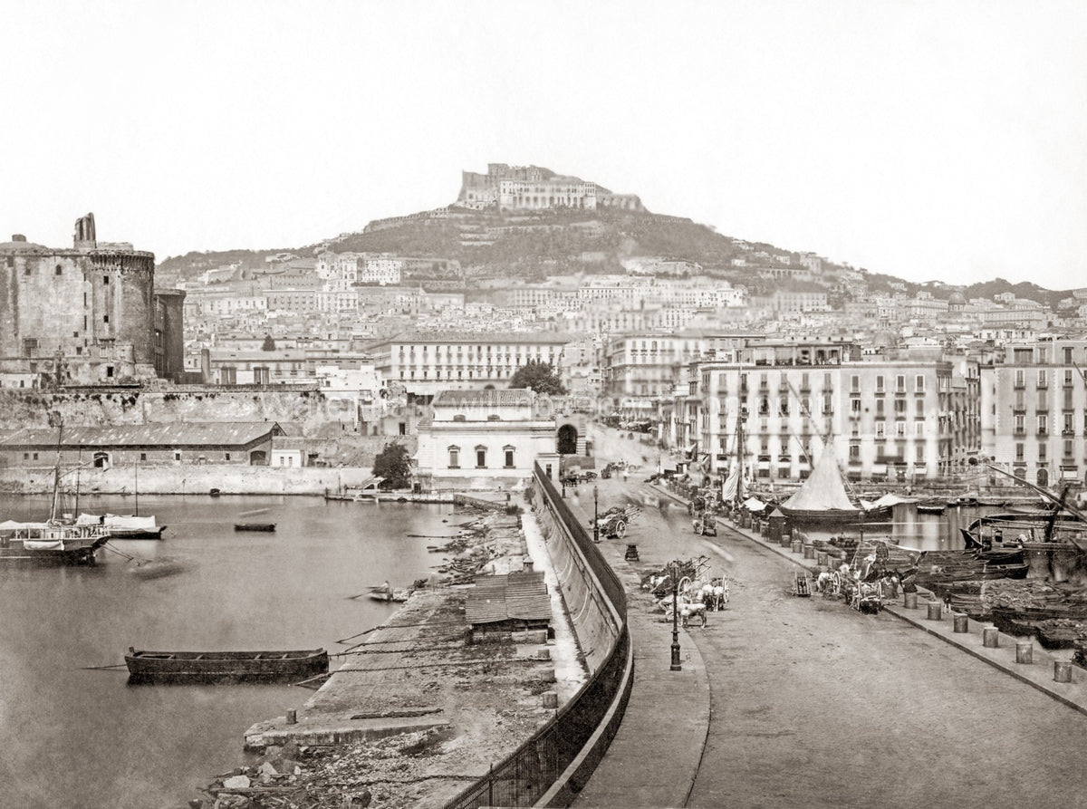 Naples Italy Port Harbor Cityscape Castle Waterfront Boats Vtg. Photo 19thC.