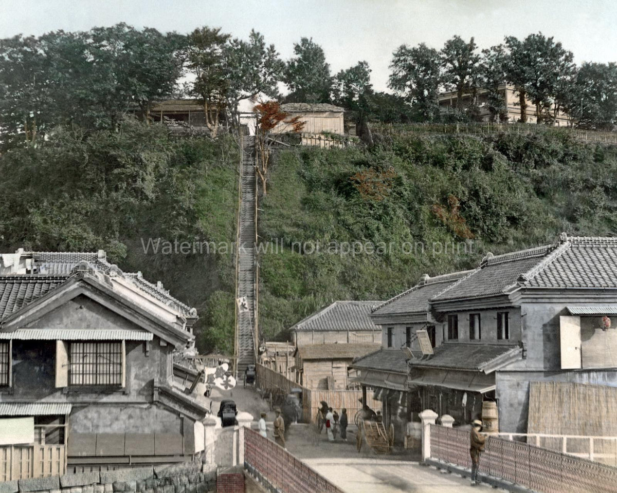 Yokohama Japan 100 Steps Hillside Street Scene Bridge People Vtg. Photo 19thC.