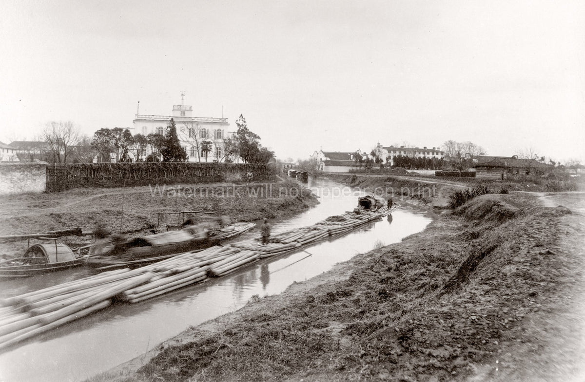 Shanghai China Canal Floating Logs River Workers Architecture Vtg. Photo 19thC.