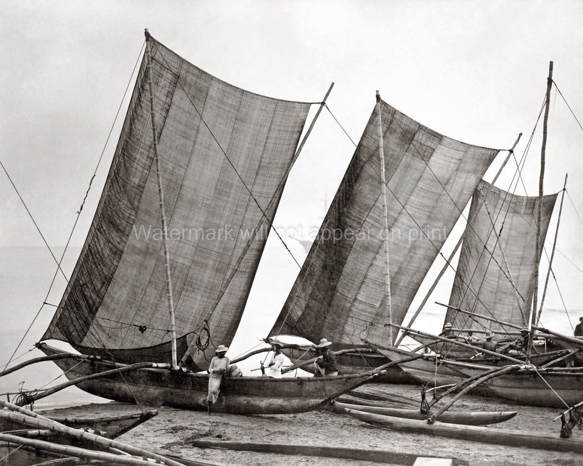 Traditional Fishing Boats India Outrigger Canoes Fishermen Vtg. Photo 19thC.