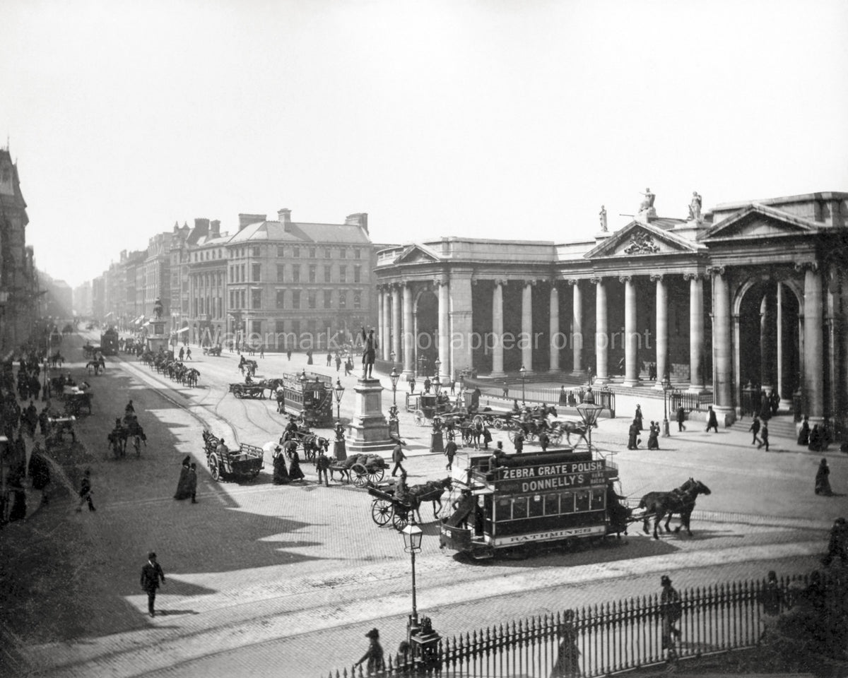 Dublin Bank Ireland Street Scene Cityscape Horse-Drawn Trams Vtg. Photo 19thC.