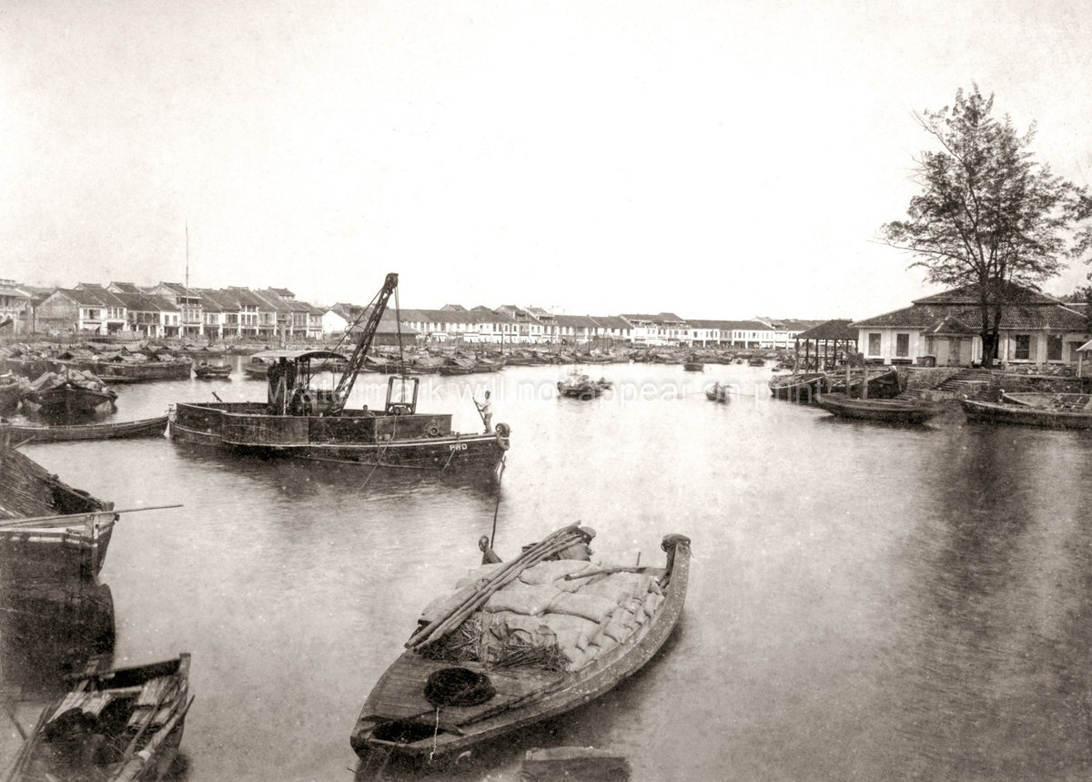 Singapore Harbour Boats River Sampans Shophouses Crane Vtg. Photo 19thC.