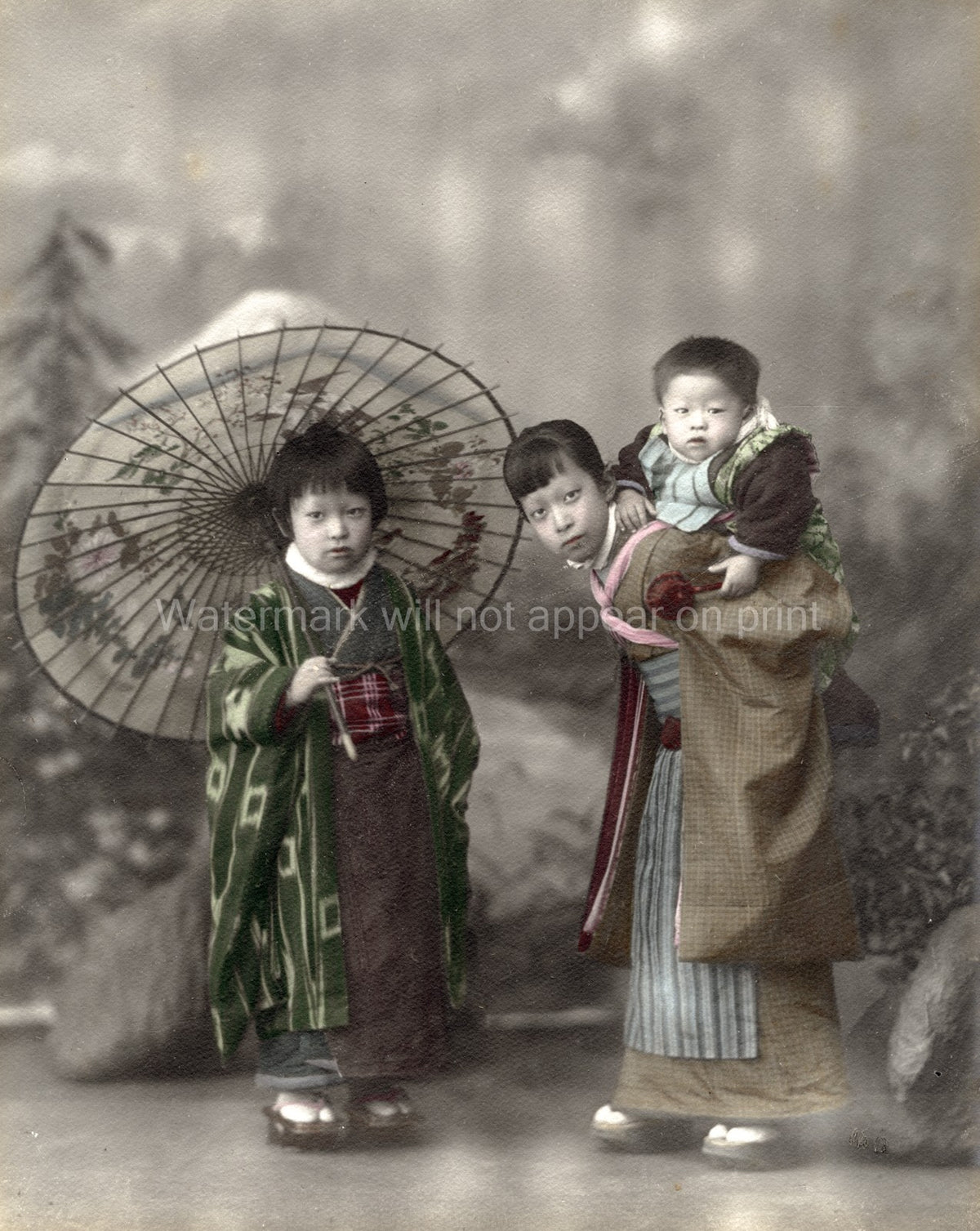 Japanese Children Baby Kimono Traditional Dress Umbrella Vtg. Photo 19thC.