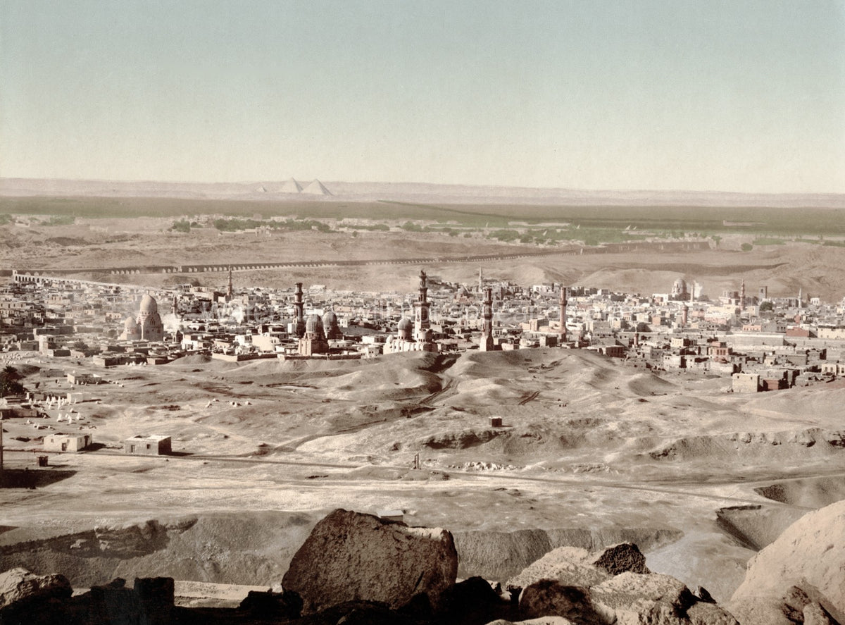 Cairo Egypt Cityscape View Pyramids Mosques Minarets Desert Vtg. Photo 19thC.