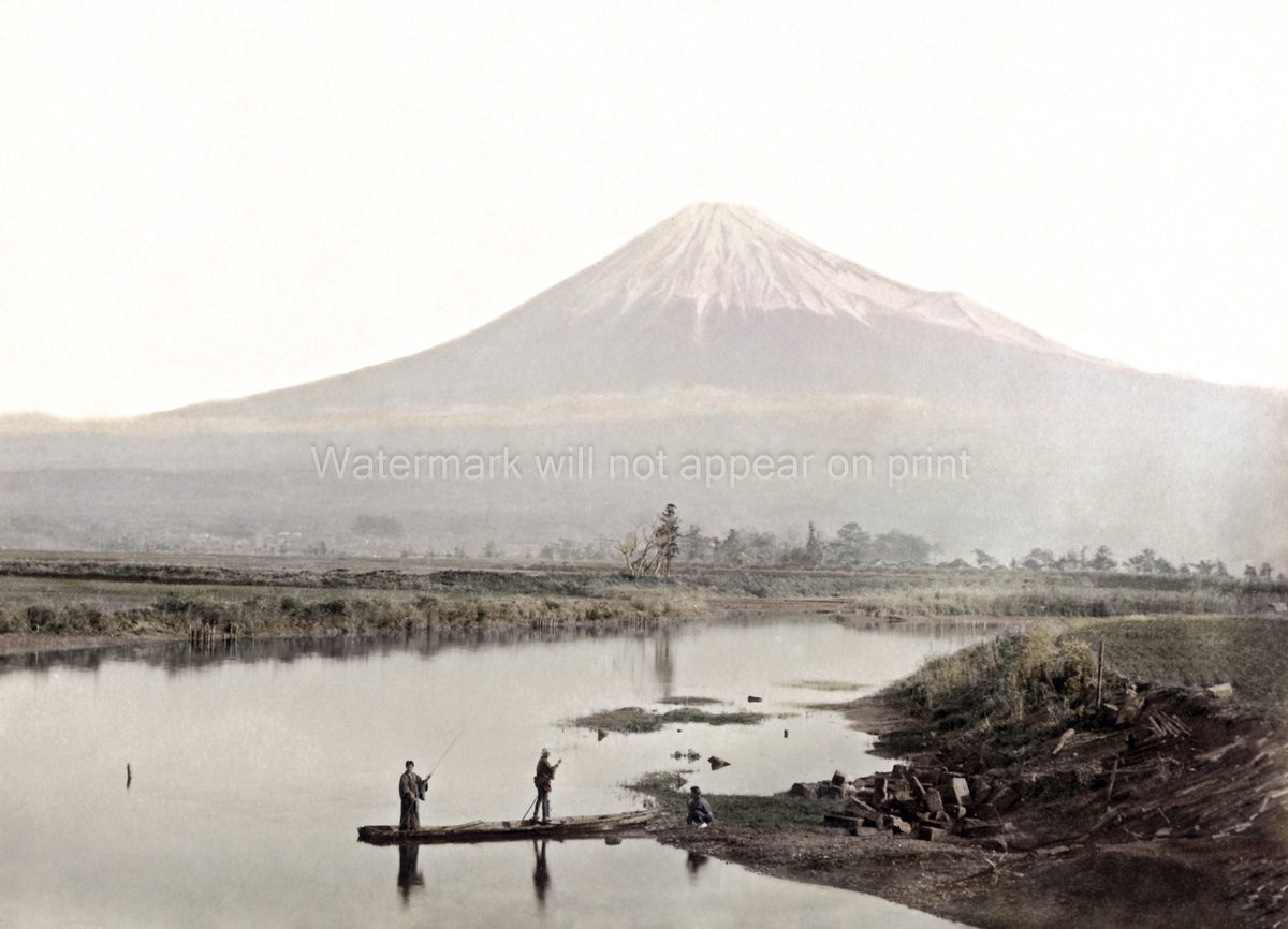 Mount Fuji Japan Fishermen Raft River Landscape Scenery Vtg. Photo 19thC.