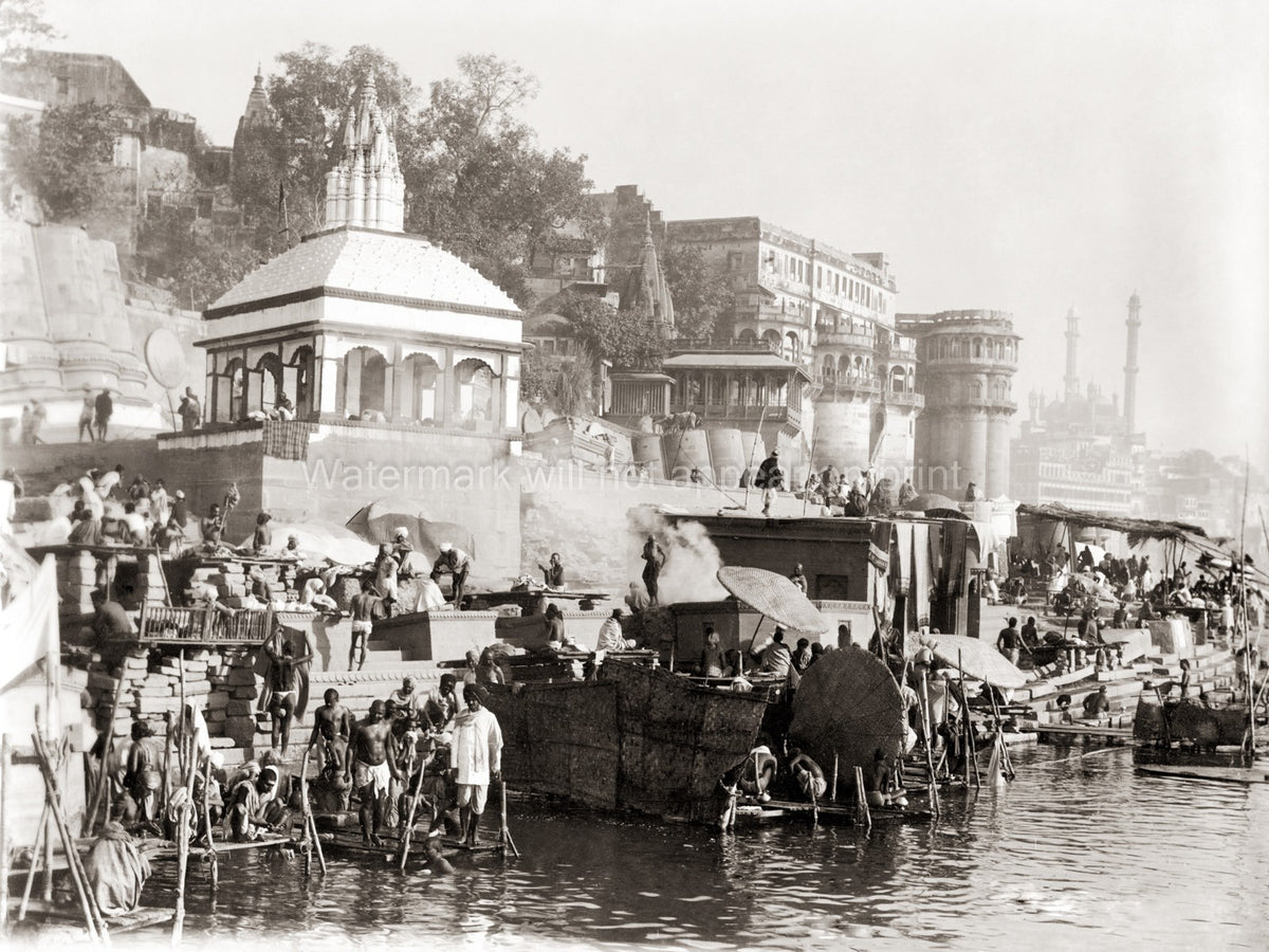 Benares Varanasi India Ghats Ganges River Temples Boats Crowds Vtg. Photo 19thC.