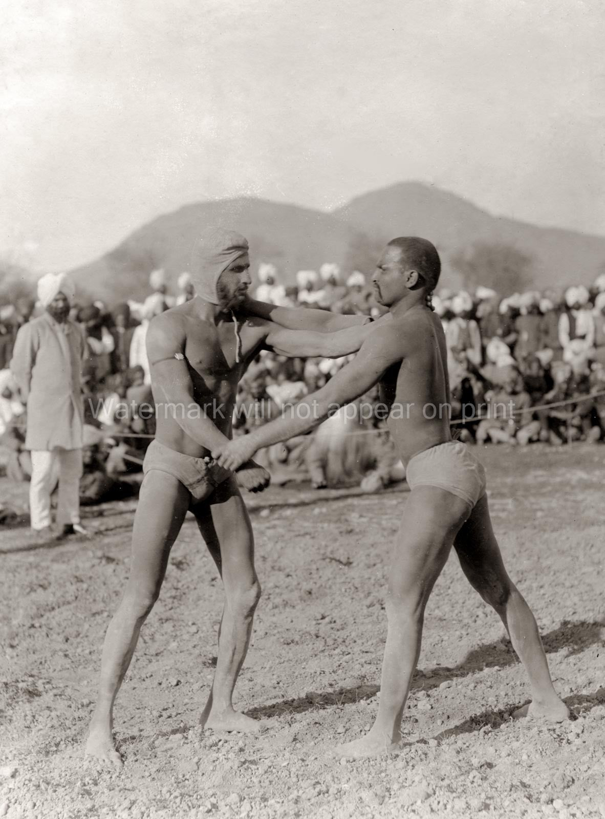India Wrestlers Fighting Bout Men Grappling Match Crowd Vtg. Photo 19thC.