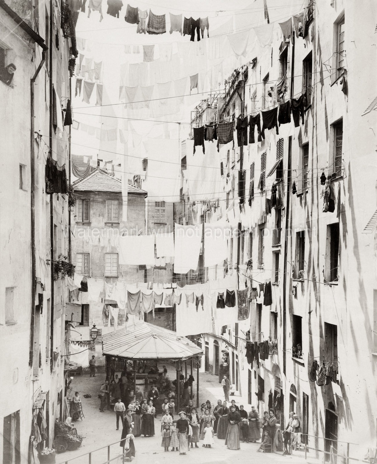 Genoa Italy Street Scene Overhanging Washing Laundry People Vtg. Photo 19thC.