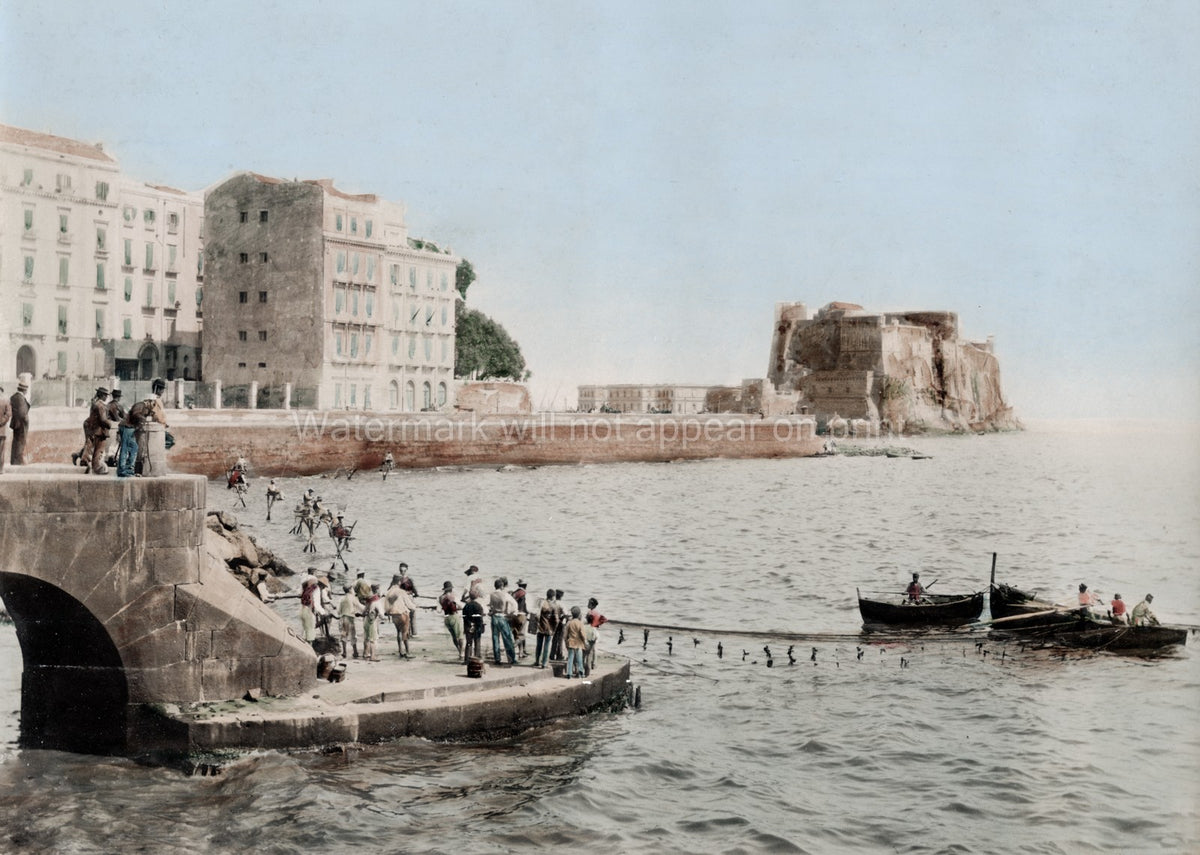 Naples Italy Harbour View Castel dell'Ovo Seaside Boats Vtg. Photo 19thC.