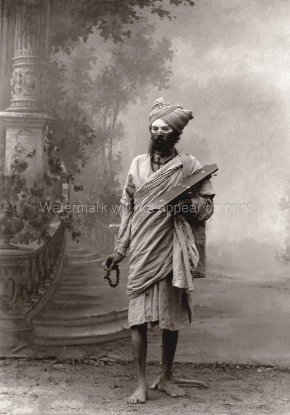 India Man Veiled Face Turban Beard Sadhu Holy Vtg. Photo 19thC.