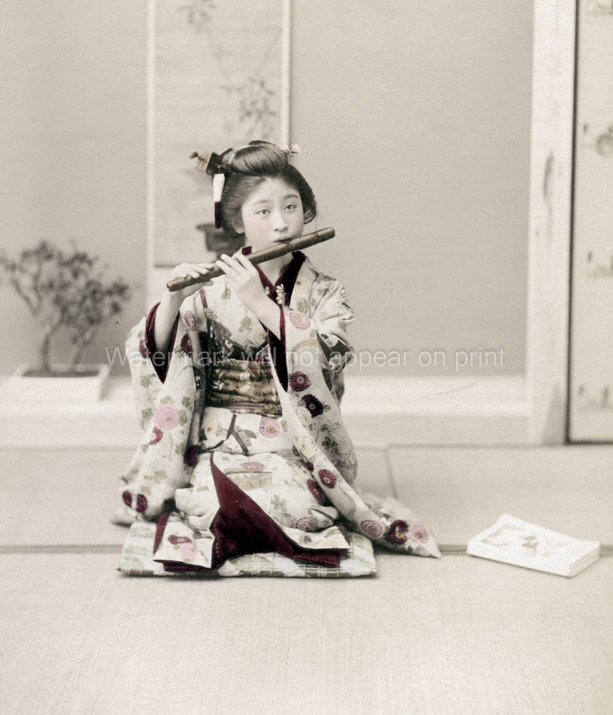 Japanese Girl Playing Flute Musician Kimono Traditional Music Vtg. Photo 19thC.