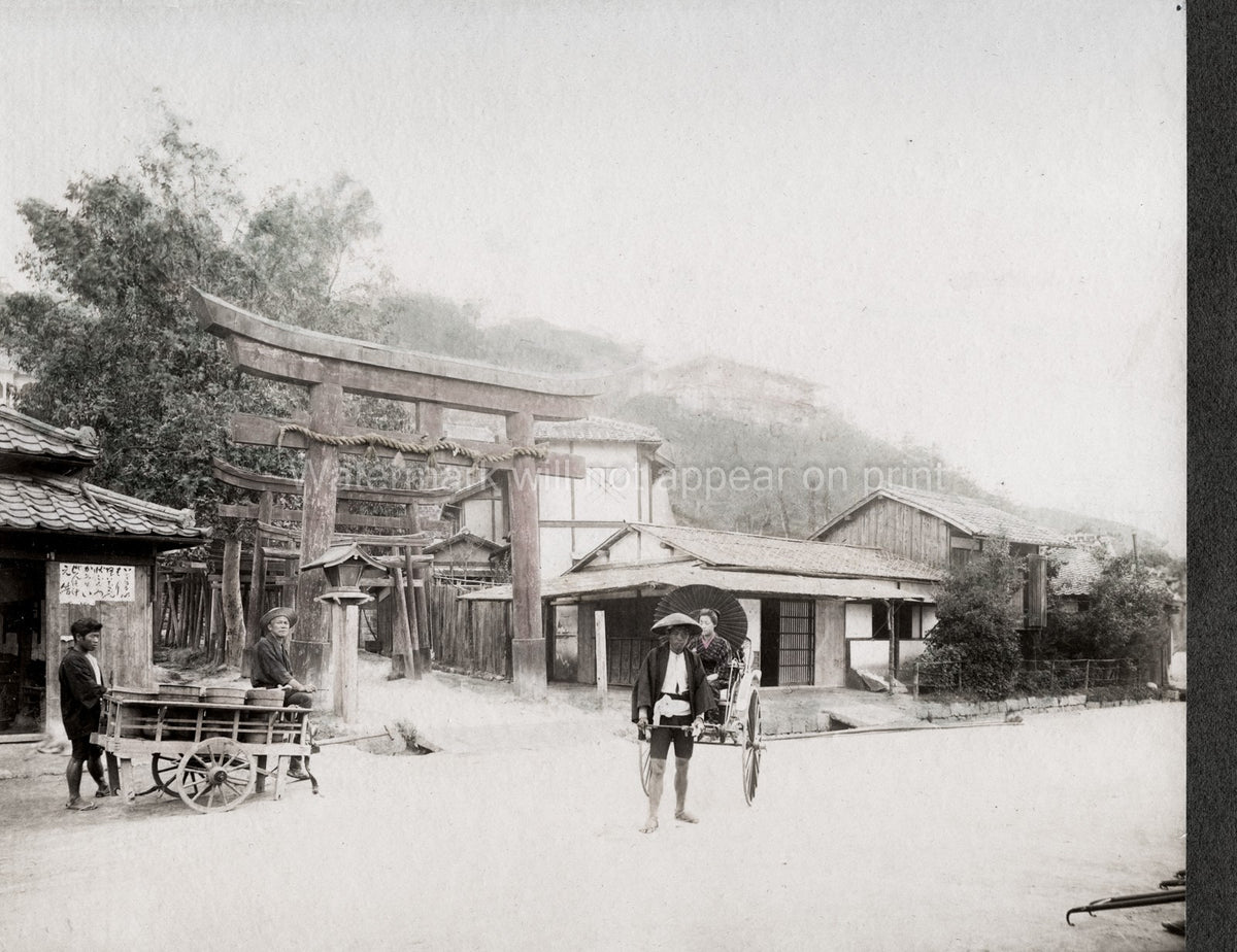 Kobe Suwayama Hill Torii Gate Shrine Rickshaw Street Scene Vtg. Photo 19thC.