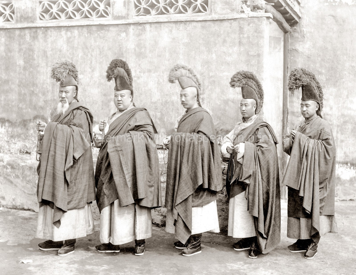 China Group Monks Traditional Robes Headdress Vtg. Photo 19thC.