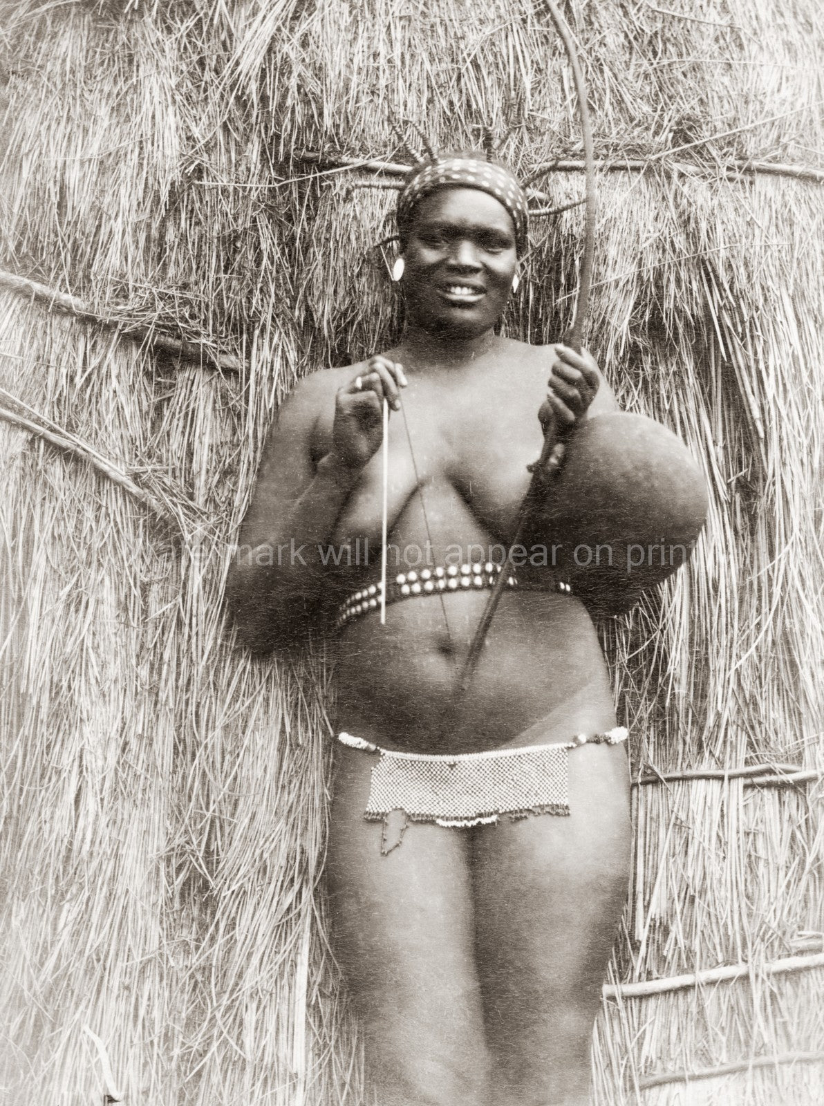 South Africa African Woman Traditional Dress Gourd Bow Tribal Vtg. Photo 20thC.