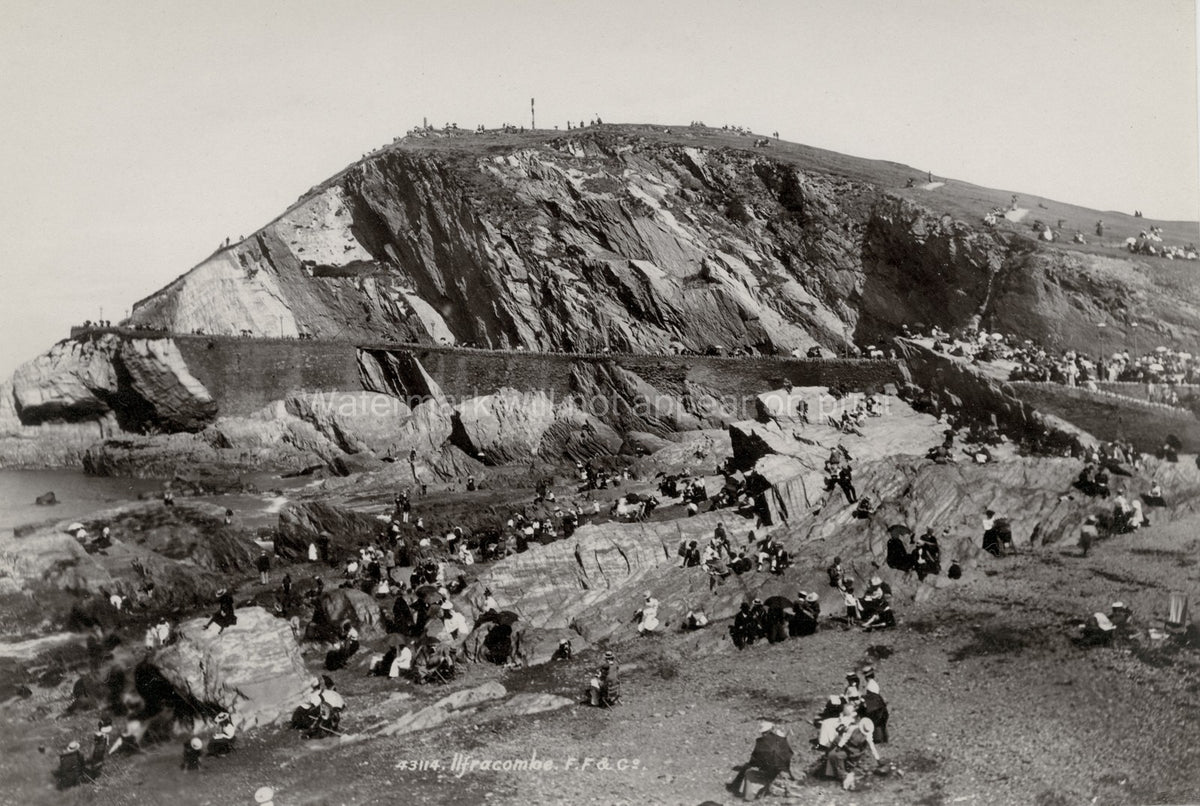 Ilfracombe Devon Coast Capstone Hill Holidaymakers Crowd Vtg. Photo 19thC.