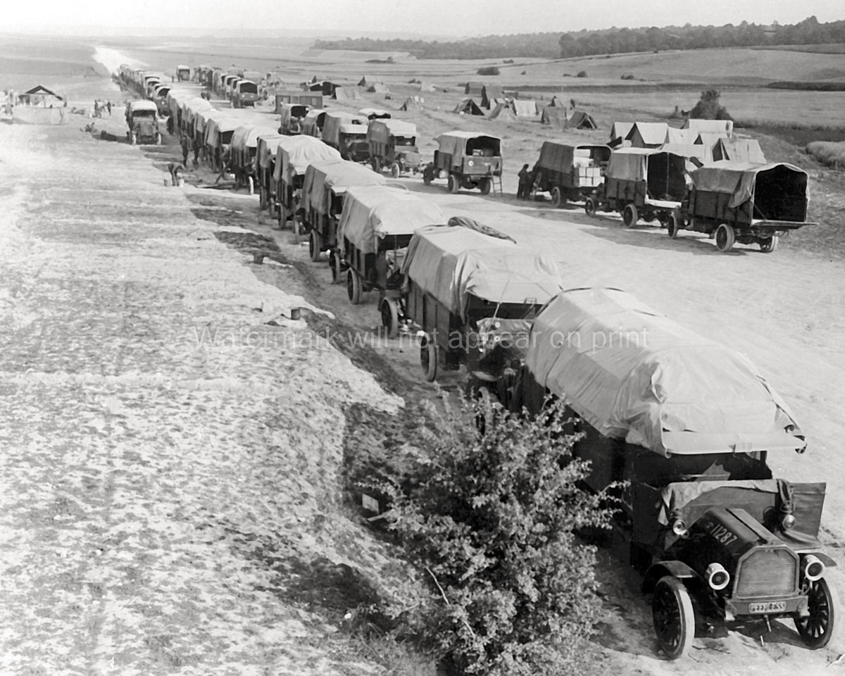 WW1 British Lorries Military Convoy Supply Trucks Tents France Vtg. Photo
