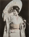 Japan Smiling Woman Parasol Kimono Updo Portrait Vtg. Photo 19thC.
