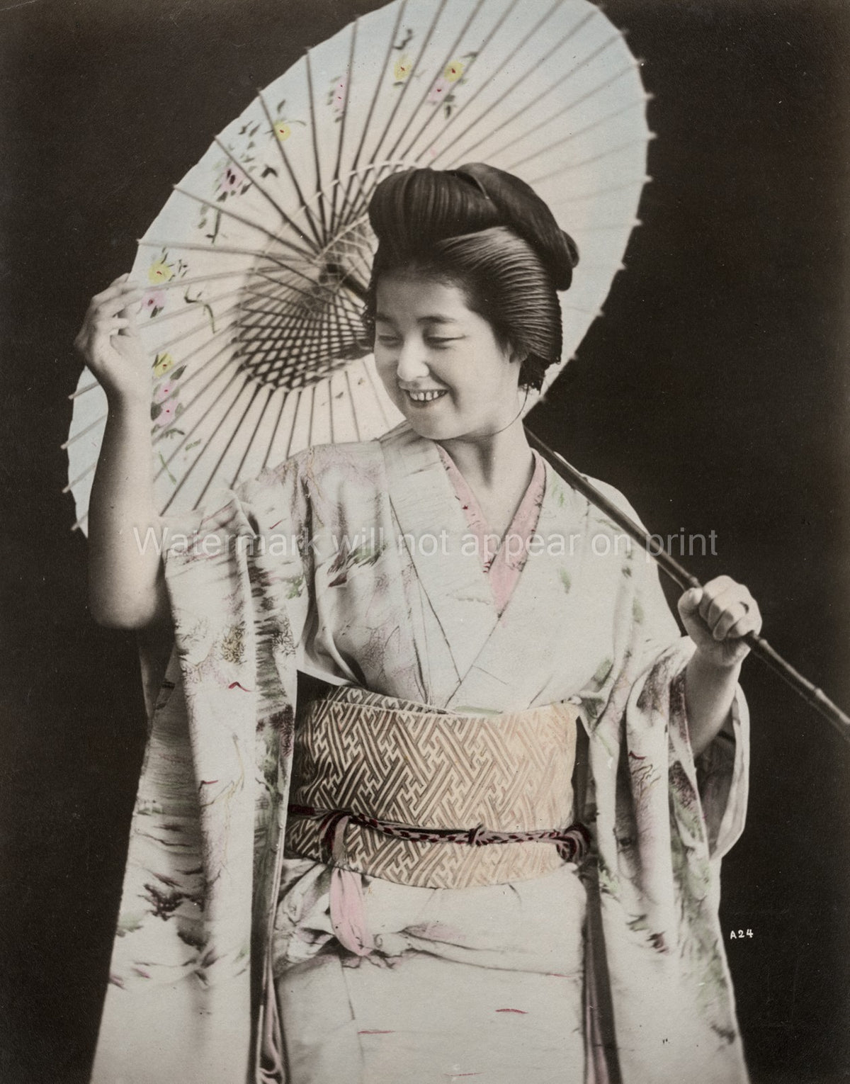 Japan Smiling Woman Parasol Kimono Updo Portrait Vtg. Photo 19thC.