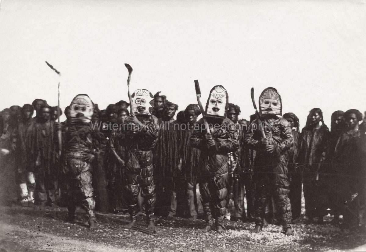 Pacific Islands Fiji Samoa Tribal Ceremony Dancers Masks Vtg. Photo 19thC.