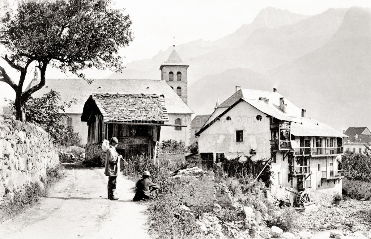 Sallanches France Village Church Mill Water Wheel Mountains Vtg. Photo 19thC.