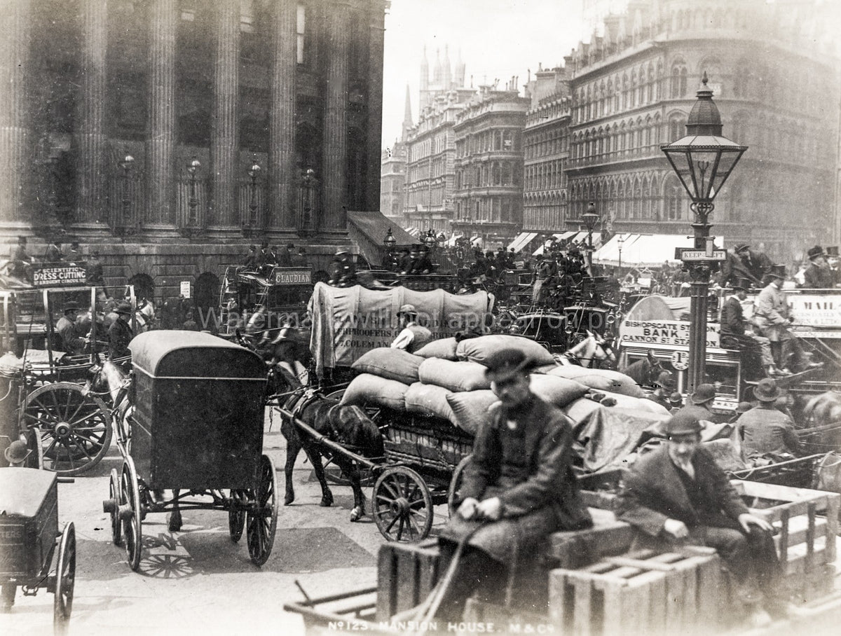 London Mansion House Busy Street Scene Horse Drawn Traffic Vtg. Photo 19thC.