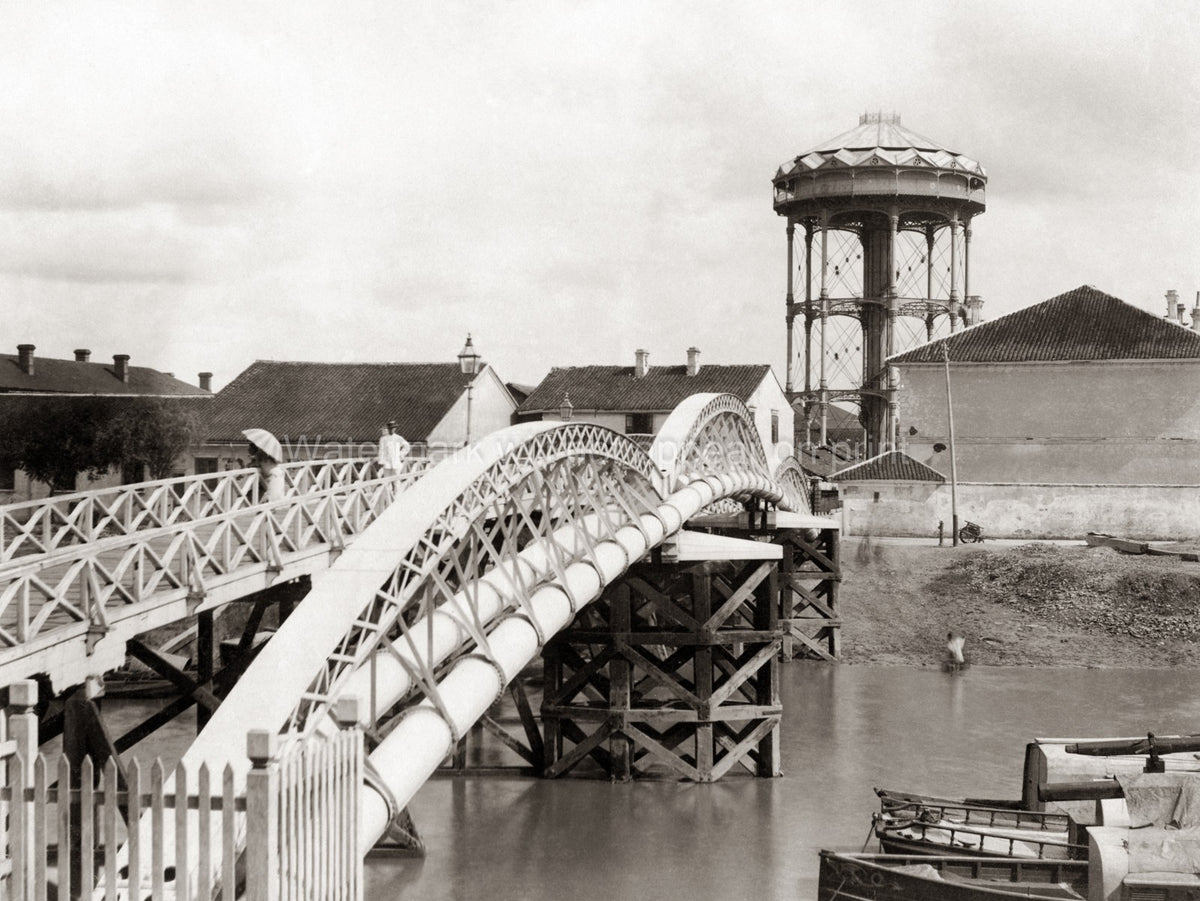 Shanghai China Bridge Water Tower River Boats Pipes Vtg. Photo 19thC.