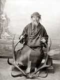 Sikkim India Curio Dealer Man Antlers Horns Traditional Hat Vtg. Photo 19thC.