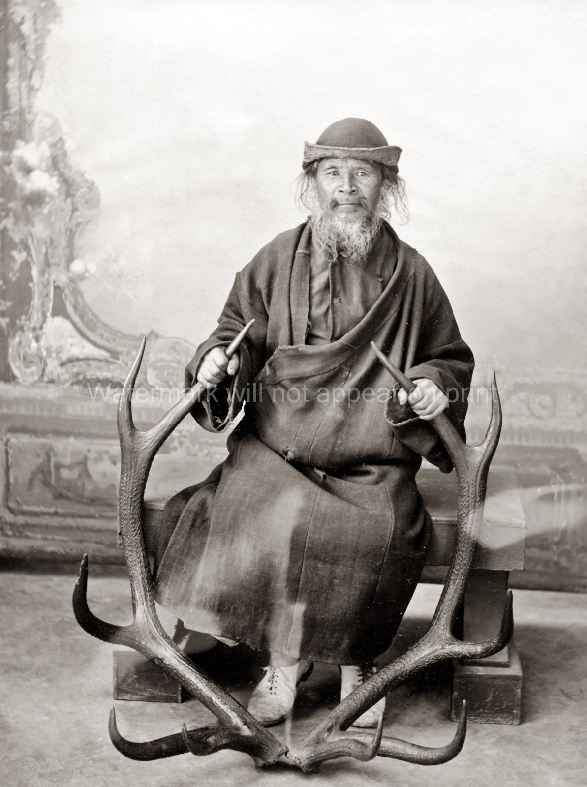 Sikkim India Curio Dealer Man Antlers Horns Traditional Hat Vtg. Photo 19thC.