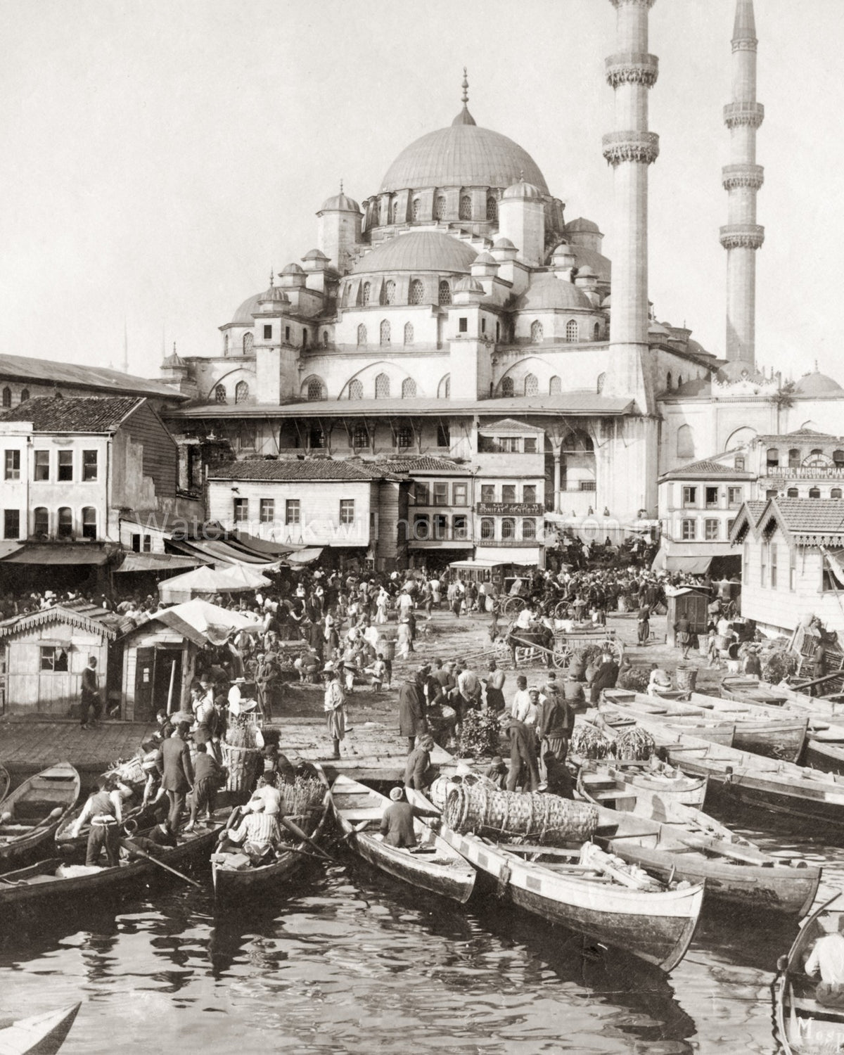 New Mosque Istanbul Turkey Waterfront Market Boats Domes Vtg. Photo 19thC.