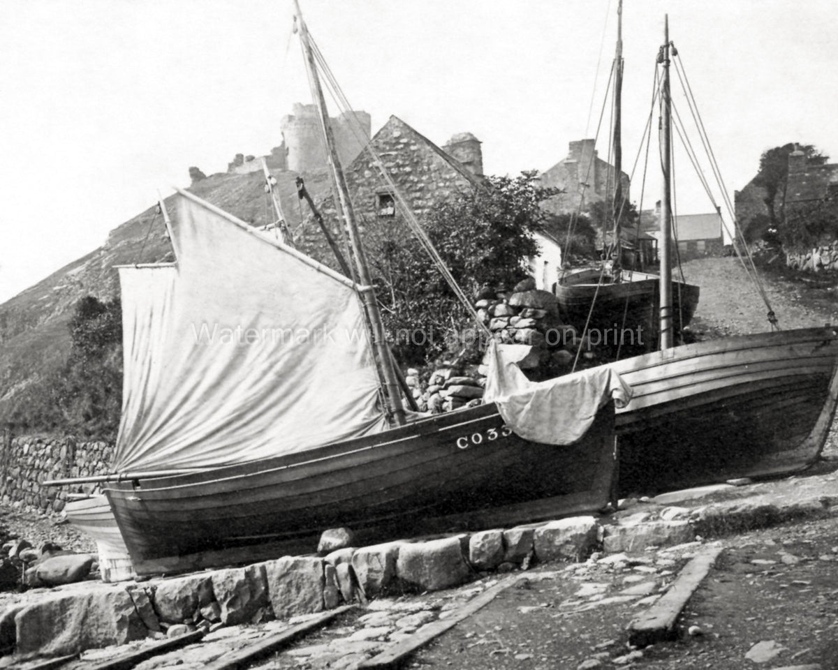 Cricceth Wales Fishing Boat Sails Shore Village Harbor Castle Vtg. Photo 19thC.