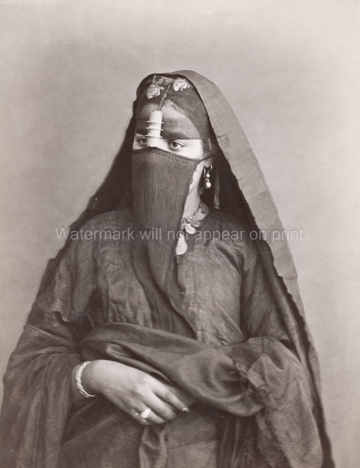 Egyptian Bedouin Woman Portrait Traditional Dress Veil Jewelry Vtg. Photo 19thC.