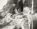 India Rock-Cut Cave Temple Ancient Architecture Carved Stairs Vtg. Photo 19thC.