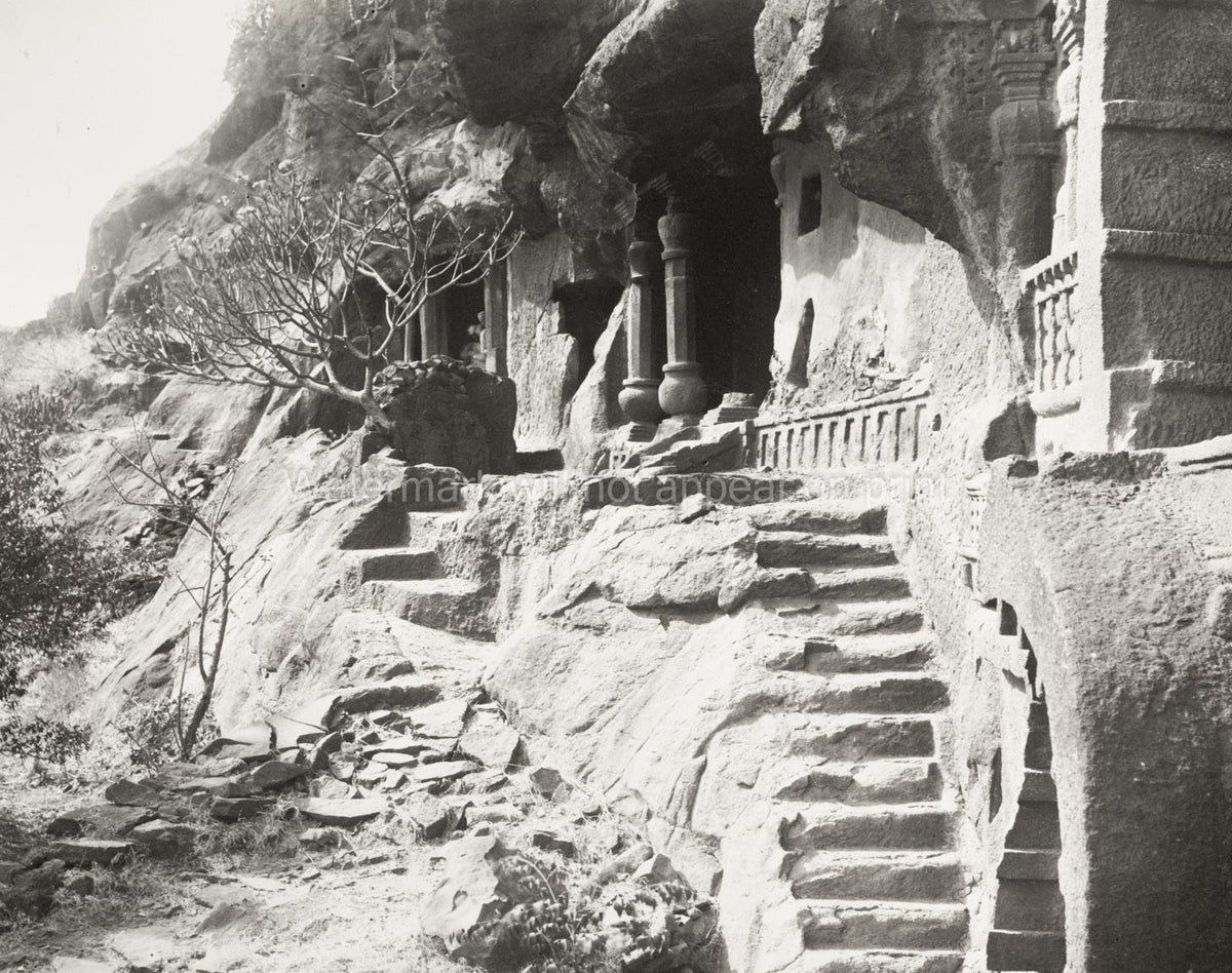India Rock-Cut Cave Temple Ancient Architecture Carved Stairs Vtg. Photo 19thC.