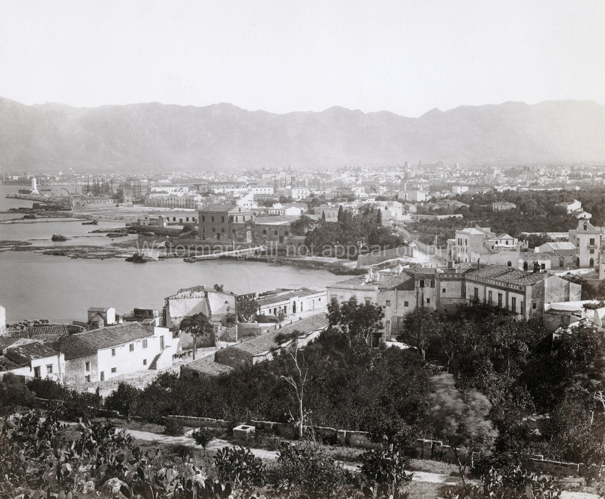 Palermo Sicily Italy Cityscape Harbor Coastal View Mountains Vtg. Photo 19thC.