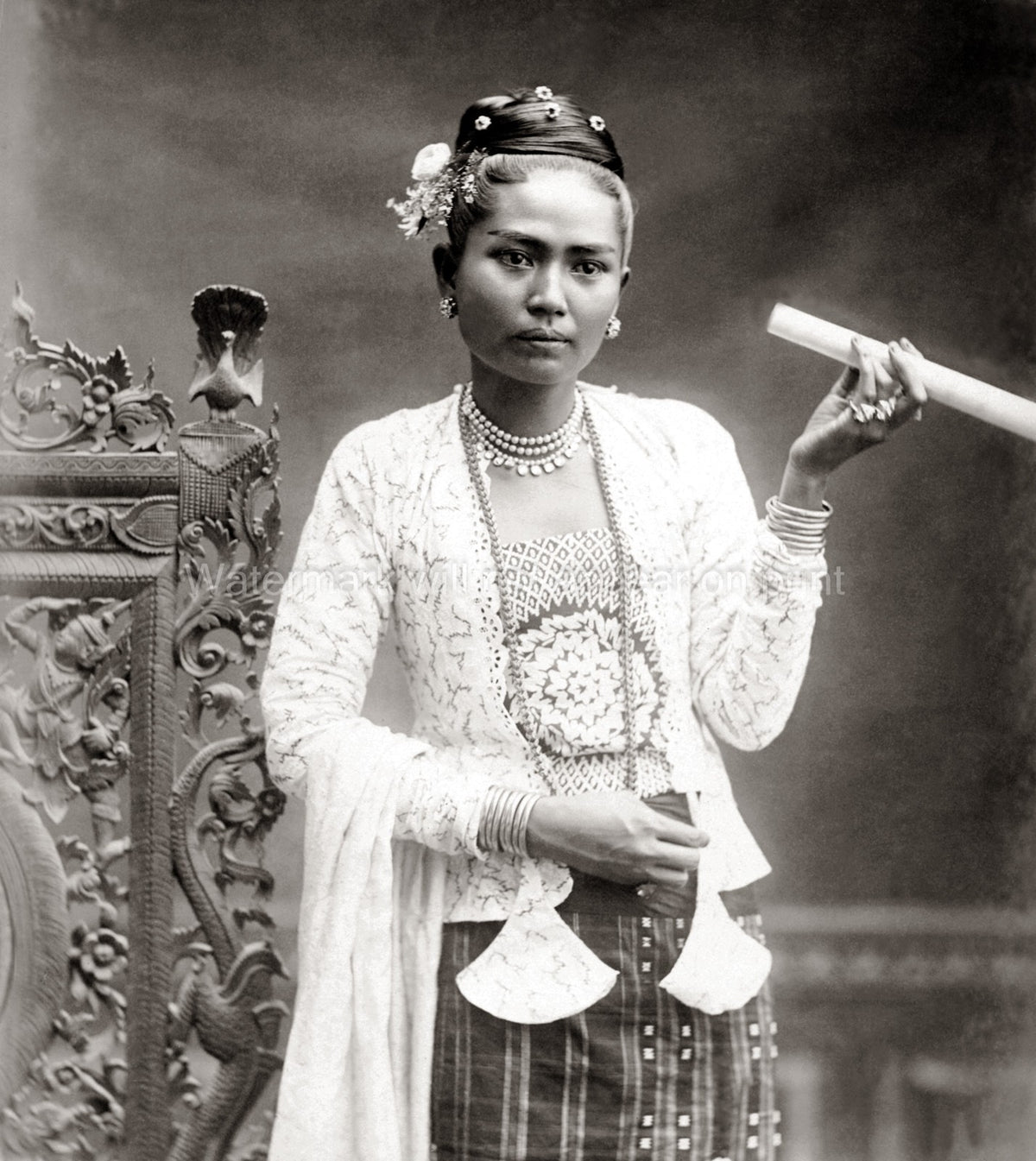 Young Burmese Woman Burma Traditional Dress Cheroot Jewelry Vtg. Photo 19thC.